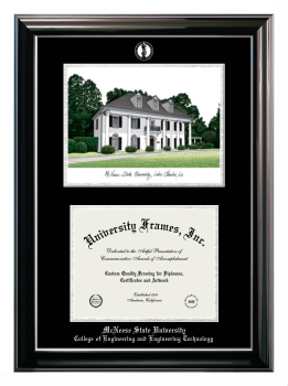 McNeese State University College of Engineering and Engineering Technology Double Opening with Campus Image (Stacked) Frame in Classic Ebony with Silver Trim with Black & Silver Mats for document: 8 1/2"h x 11"w  