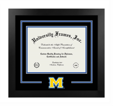 McNeese State University College of Liberal Arts Logo Mat Frame in Manhattan Black with Black & Royal Blue Mats for document: 8 1/2"h x 11"w  