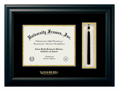 Washburn University Diploma with Tassel Box Frame in Satin Black with Black & Gold Mats for document: 8 1/2"h x 11"w  