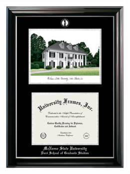 McNeese State University Doré School of Graduate Studies Double Opening with Campus Image (Stacked) Frame in Classic Ebony with Silver Trim with Black & Silver Mats for document: 8 1/2"h x 11"w  