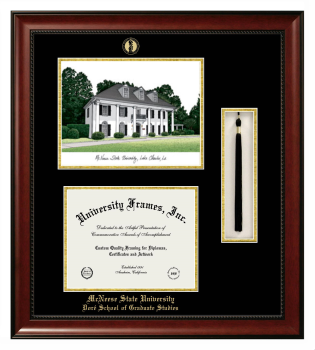 McNeese State University Doré School of Graduate Studies Double Opening with Campus Image & Tassel Box (Stacked) Frame in Avalon Mahogany with Black & Gold Mats for document: 8 1/2"h x 11"w  