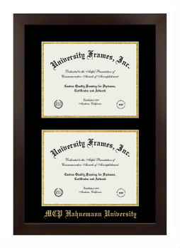 MCP Hahnemann University Double Diploma Frame in Manhattan Espresso with Black & Gold Mats for document: 8 1/2"h x 11"w  , document: 8 1/2"h x 11"w  