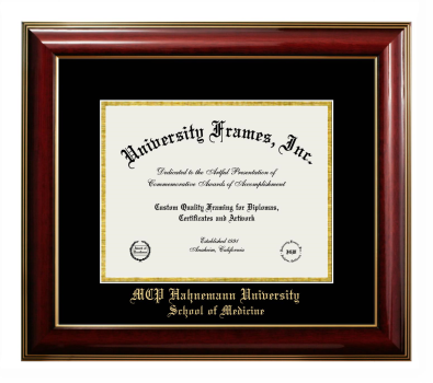 MCP Hahnemann University School of Medicine Diploma Frame in Classic Mahogany with Gold Trim with Black & Gold Mats for document: 8 1/2"h x 11"w  
