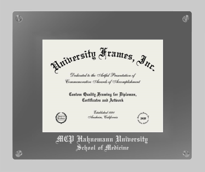 MCP Hahnemann University School of Medicine Lucent Clear-over-Smoke Frame in Lucent Smoke Moulding with Lucent Smoke Mat for document: 8 1/2"h x 11"w  