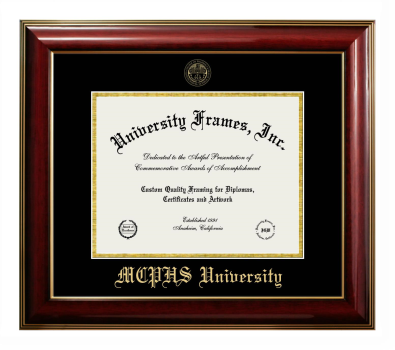 MCPHS (Massachusetts College of Pharmacy and Health Sciences) University Diploma Frame in Classic Mahogany with Gold Trim with Black & Gold Mats for document: 8 1/2"h x 11"w  