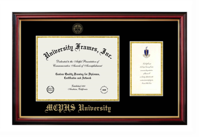 MCPHS (Massachusetts College of Pharmacy and Health Sciences) University Diploma with Announcement Frame in Petite Mahogany with Gold Trim with Black & Gold Mats for document: 8 1/2"h x 11"w  , diploma: 7"h x 4"w  