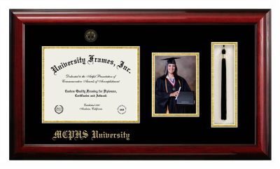 MCPHS (Massachusetts College of Pharmacy and Health Sciences) University Diploma with 5 x 7 Portrait & Tassel Box Frame in Classic Mahogany with Black & Gold Mats for document: 8 1/2"h x 11"w  