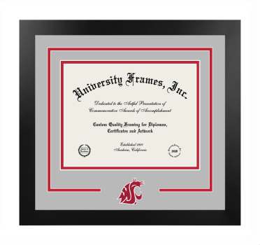 Washington State University Logo Mat Frame in Manhattan Black with Gray & Red Mats for document: 8 1/2"h x 11"w  