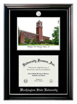 Washington State University Double Opening with Campus Image (Stacked) Frame in Classic Ebony with Silver Trim with Black & Silver Mats for document: 8 1/2"h x 11"w  