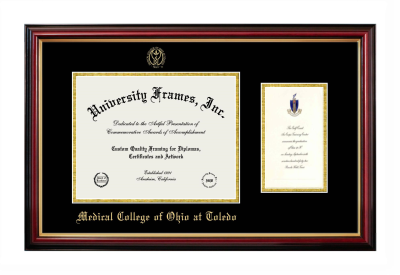 Medical College of Ohio at Toledo Diploma with Announcement Frame in Petite Mahogany with Gold Trim with Black & Gold Mats for document: 8 1/2"h x 11"w  , diploma: 7"h x 4"w  