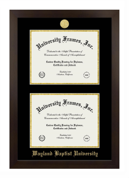 Wayland Baptist University Double Diploma Frame in Manhattan Espresso with Black & Gold Mats for document: 8 1/2"h x 11"w  , document: 8 1/2"h x 11"w  