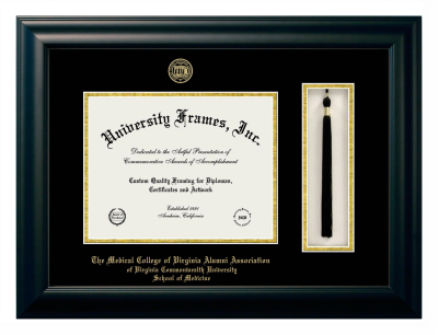 Medical College of Virginia Alumni Association of Virginia Commonwealth University School of Medicine Diploma with Tassel Box Frame in Satin Black with Black & Gold Mats for document: 8 1/2"h x 11"w  
