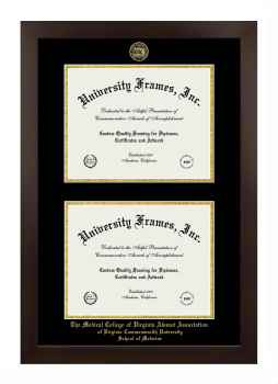 Medical College of Virginia Alumni Association of Virginia Commonwealth University School of Medicine Double Diploma Frame in Manhattan Espresso with Black & Gold Mats for document: 8 1/2"h x 11"w  , document: 8 1/2"h x 11"w  
