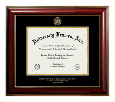 Medical College of Virginia Alumni Association of Virginia Commonwealth University School of Nursing Diploma Frame in Classic Mahogany with Gold Trim with Black & Gold Mats for document: 8 1/2"h x 11"w  
