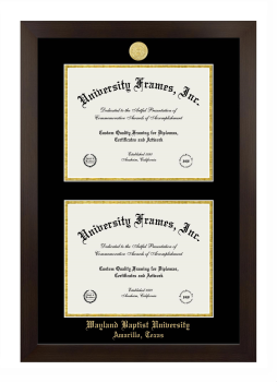 Wayland Baptist University Amarillo, Texas Double Diploma Frame in Manhattan Espresso with Black & Gold Mats for document: 8 1/2"h x 11"w  , document: 8 1/2"h x 11"w  