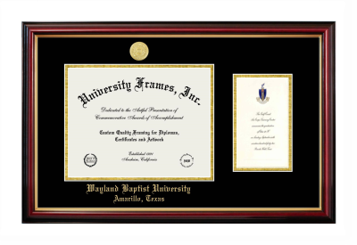 Wayland Baptist University Amarillo, Texas Diploma with Announcement Frame in Petite Mahogany with Gold Trim with Black & Gold Mats for document: 8 1/2"h x 11"w  , diploma: 7"h x 4"w  