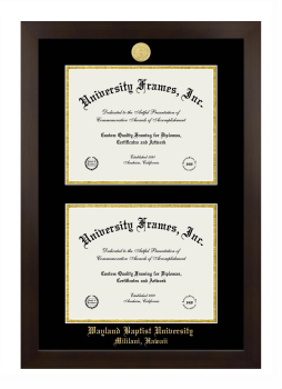 Wayland Baptist University Mililani, Hawaii Double Diploma Frame in Manhattan Espresso with Black & Gold Mats for document: 8 1/2"h x 11"w  , document: 8 1/2"h x 11"w  