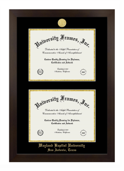 Wayland Baptist University San Antonio, Texas Double Diploma Frame in Manhattan Espresso with Black & Gold Mats for document: 8 1/2"h x 11"w  , document: 8 1/2"h x 11"w  