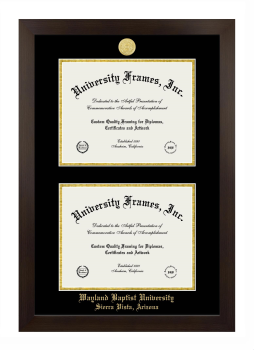 Wayland Baptist University Sierra Vista, Arizona Double Diploma Frame in Manhattan Espresso with Black & Gold Mats for document: 8 1/2"h x 11"w  , document: 8 1/2"h x 11"w  