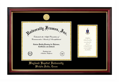 Wayland Baptist University Wichita Falls, Texas Diploma with Announcement Frame in Petite Mahogany with Gold Trim with Black & Gold Mats for document: 8 1/2"h x 11"w  , diploma: 7"h x 4"w  