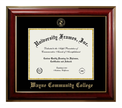 Wayne Community College Diploma Frame in Classic Mahogany with Gold Trim with Black & Gold Mats for document: 8 1/2"h x 11"w  