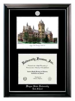 Wayne State University Law School Double Opening with Campus Image (Stacked) Frame in Classic Ebony with Silver Trim with Black & Silver Mats for document: 8 1/2"h x 11"w  