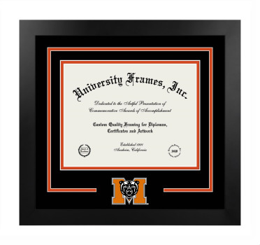 Mercer University Logo Mat Frame in Manhattan Black with Black & Orange Mats for document: 8 1/2"h x 11"w  