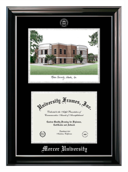 Mercer University Double Opening with Campus Image (Stacked) Frame in Classic Ebony with Silver Trim with Black & Silver Mats for document: 8 1/2"h x 11"w  
