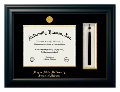 Wayne State University School of Medicine Diploma with Tassel Box Frame in Satin Black with Black & Gold Mats for document: 8 1/2"h x 11"w  
