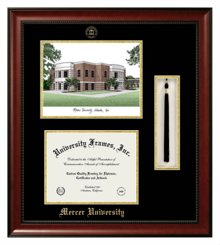 Mercer University Double Opening with Campus Image & Tassel Box (Stacked) Frame in Avalon Mahogany with Black & Gold Mats for document: 8 1/2"h x 11"w  