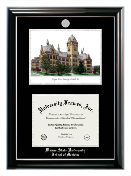 Wayne State University School of Medicine Double Opening with Campus Image (Stacked) Frame in Classic Ebony with Silver Trim with Black & Silver Mats for document: 8 1/2"h x 11"w  