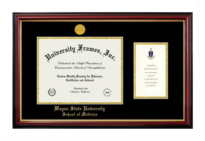 Wayne State University School of Medicine Diploma with Announcement Frame in Petite Mahogany with Gold Trim with Black & Gold Mats for document: 8 1/2"h x 11"w  , diploma: 7"h x 4"w  