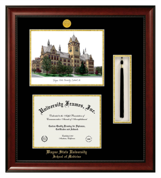 Wayne State University School of Medicine Double Opening with Campus Image & Tassel Box (Stacked) Frame in Avalon Mahogany with Black & Gold Mats for document: 8 1/2"h x 11"w  