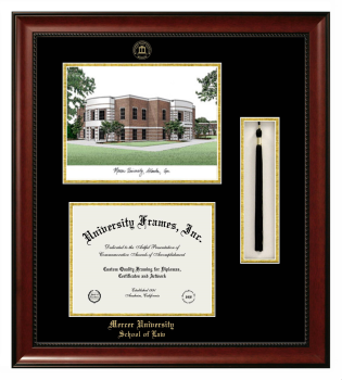 Mercer University School of Law Double Opening with Campus Image & Tassel Box (Stacked) Frame in Avalon Mahogany with Black & Gold Mats for document: 8 1/2"h x 11"w  