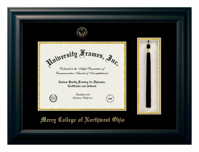 Mercy College of Northwest Ohio Diploma with Tassel Box Frame in Satin Black with Black & Gold Mats for document: 8 1/2"h x 11"w  