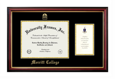 Merritt College Diploma with Announcement Frame in Petite Mahogany with Gold Trim with Black & Gold Mats for document: 8 1/2"h x 11"w  , diploma: 7"h x 4"w  