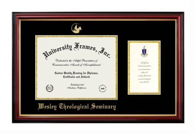 Wesley Theological Seminary Diploma with Announcement Frame in Petite Mahogany with Gold Trim with Black & Gold Mats for document: 8 1/2"h x 11"w  , diploma: 7"h x 4"w  