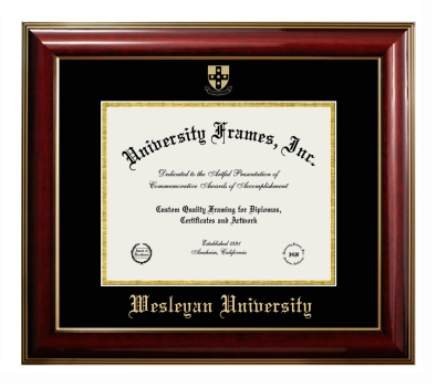 Wesleyan University Diploma Frame in Classic Mahogany with Gold Trim with Black & Gold Mats for document: 8 1/2"h x 11"w  