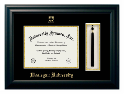Wesleyan University Diploma with Tassel Box Frame in Satin Black with Black & Gold Mats for document: 8 1/2"h x 11"w  