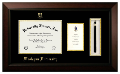 Wesleyan University Diploma with Announcement & Tassel Box Frame in Legacy Black Cherry with Black & Gold Mats for document: 8 1/2"h x 11"w  , diploma: 7"h x 4"w  
