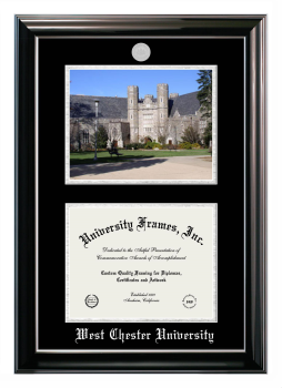 West Chester University Double Opening with Campus Image (Stacked) Frame in Classic Ebony with Silver Trim with Black & Silver Mats for document: 8 1/2"h x 11"w  