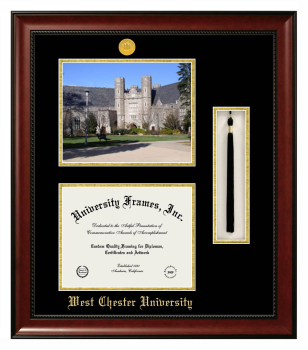 West Chester University Double Opening with Campus Image & Tassel Box (Stacked) Frame in Avalon Mahogany with Black & Gold Mats for document: 8 1/2"h x 11"w  