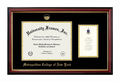 Metropolitan College of New York Diploma with Announcement Frame in Petite Mahogany with Gold Trim with Black & Gold Mats for document: 8 1/2"h x 11"w  , diploma: 7"h x 4"w  
