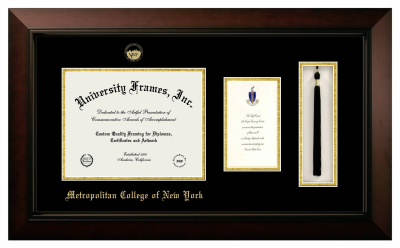 Metropolitan College of New York Diploma with Announcement & Tassel Box Frame in Legacy Black Cherry with Black & Gold Mats for document: 8 1/2"h x 11"w  , diploma: 7"h x 4"w  