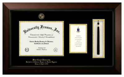 West Coast University Bachelor of Science Degree in Dental Hygiene Class of April 2016 Diploma with Announcement & Tassel Box Frame in Legacy Black Cherry with Black & Gold Mats for document: 8 1/2"h x 11"w  , diploma: 7"h x 4"w  