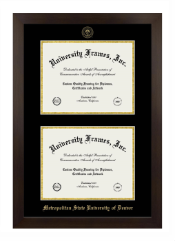 Metropolitan State University of Denver Double Diploma Frame in Manhattan Espresso with Black & Gold Mats for document: 8 1/2"h x 11"w  , document: 8 1/2"h x 11"w  