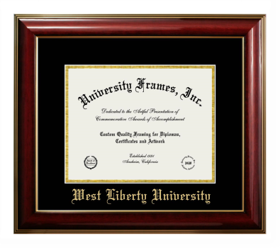 West Liberty University Diploma Frame in Classic Mahogany with Gold Trim with Black & Gold Mats for document: 8 1/2"h x 11"w  