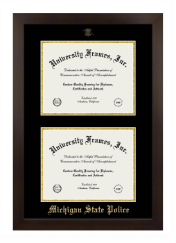 Michigan State Police Double Diploma Frame in Manhattan Espresso with Black & Gold Mats for document: 8 1/2"h x 11"w  , document: 8 1/2"h x 11"w  