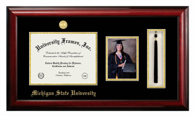 Michigan State University Diploma with 5 x 7 Portrait & Tassel Box Frame in Classic Mahogany with Black & Gold Mats for document: 8 1/2"h x 11"w  