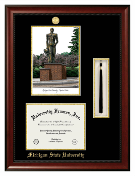 Michigan State University Double Opening with Campus Image & Tassel Box (Stacked) Frame in Avalon Mahogany with Black & Gold Mats for document: 8 1/2"h x 11"w  